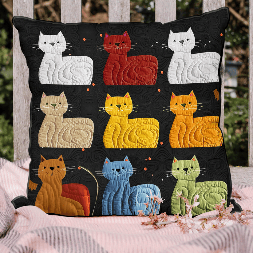 Colorful Cat Grid Quilted Pillow