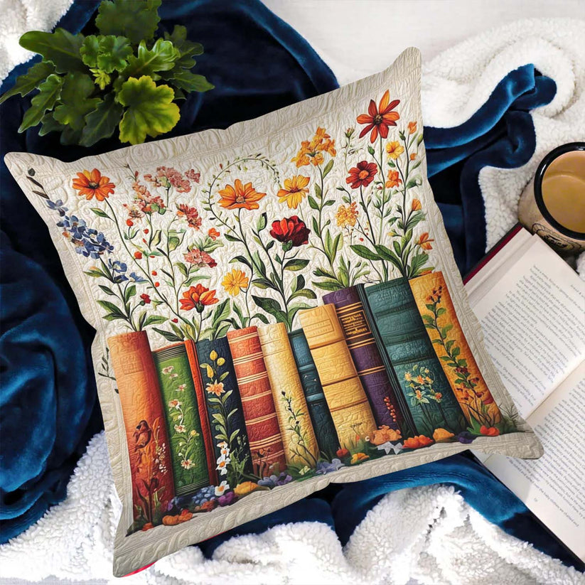 Botanical Book Stack Quilted Pillow