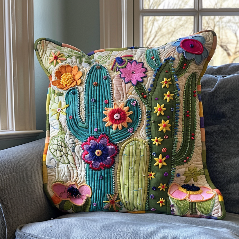 Vibrant Desert Cactus & Floral Quilted Pillow