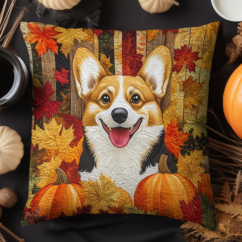 Autumn Corgi & Pumpkin Quilted Pillow