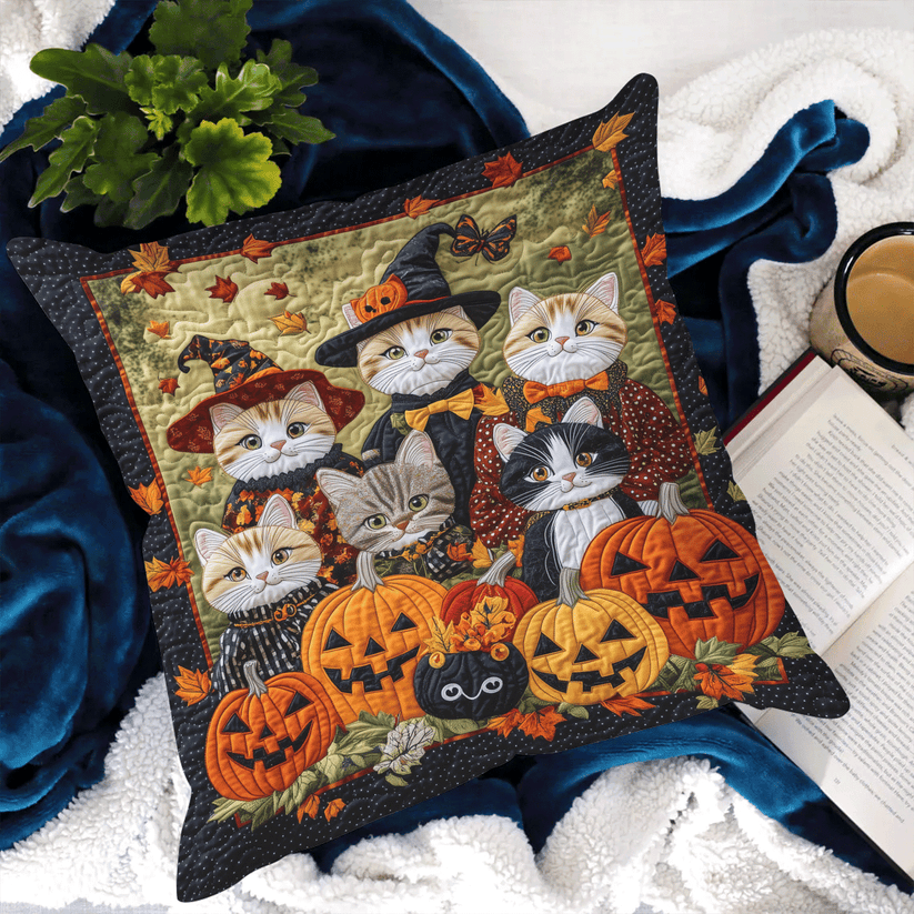 Halloween Witch Cat & Jack-O'-Lantern Quilted Pillow
