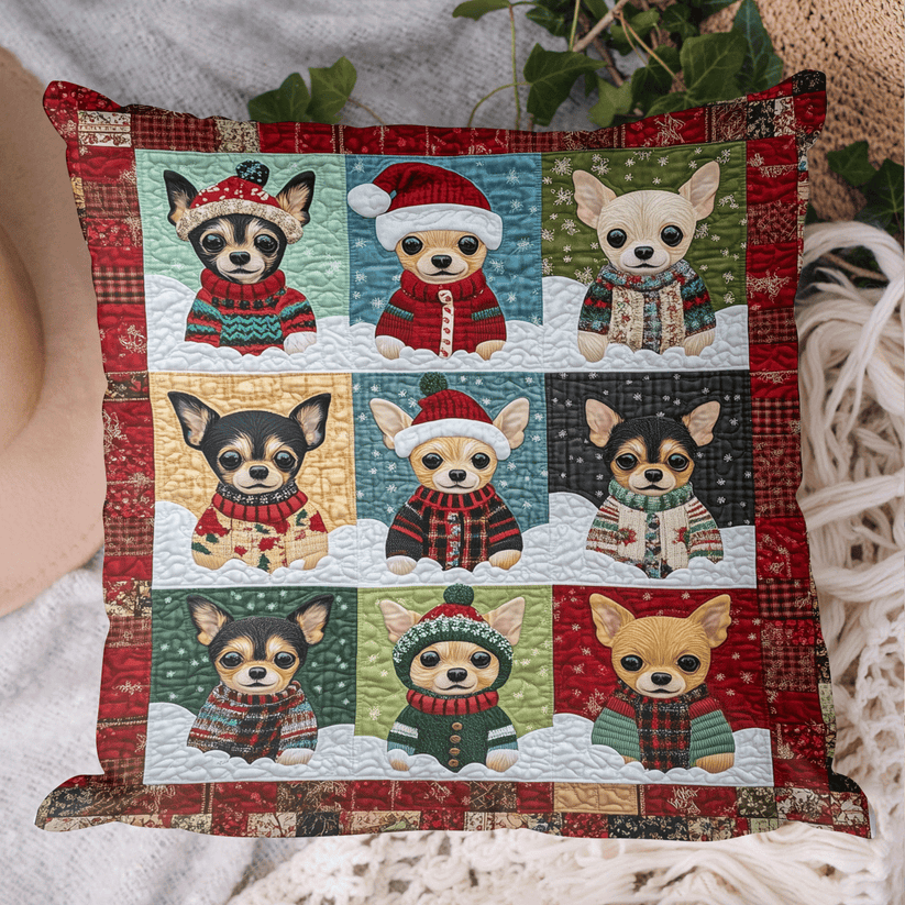 Christmas Sweater Chihuahua Quilted Pillow