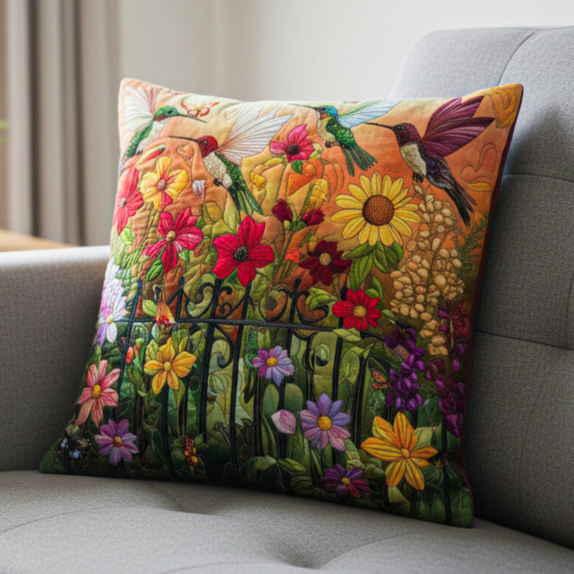 Hummingbird Garden Gate Quilted Pillow