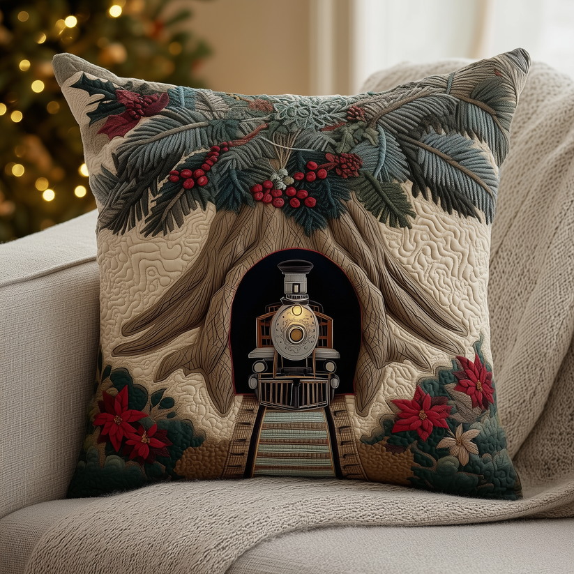 Christmas Steam Train Tree Tunnel Quilted Pillow