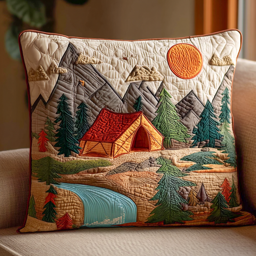 Mountain Camping Scene Quilted Pillow