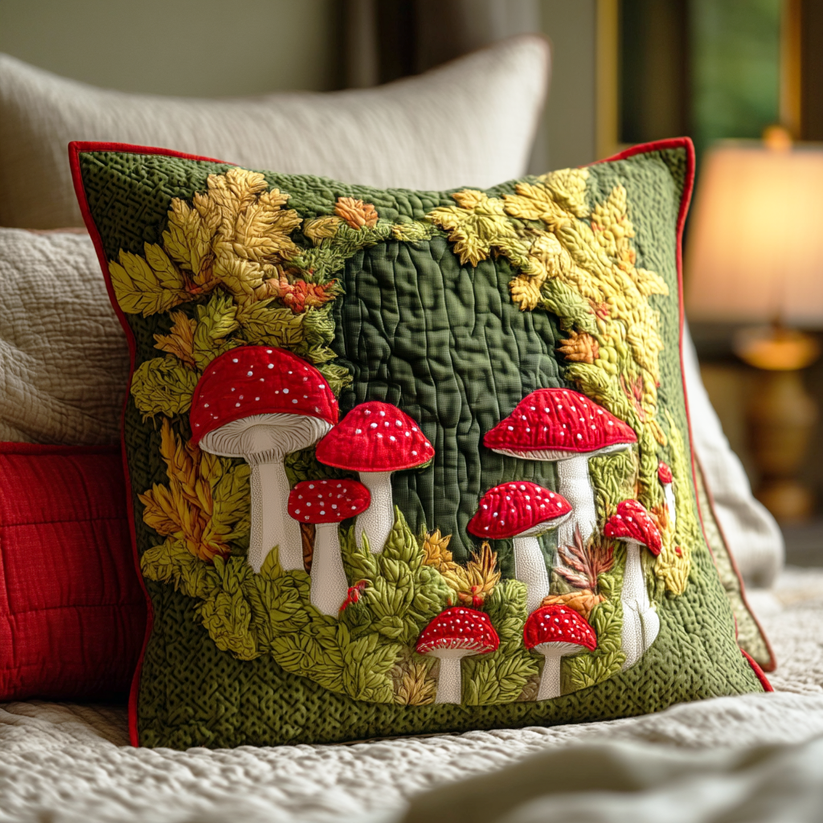 Autumn Toadstool & Foliage Quilted Pillow