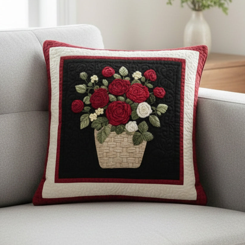 Burgundy Rose Basket Quilted Pillow