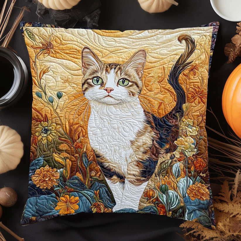 Autumn Floral Calico Cat Quilted Pillow