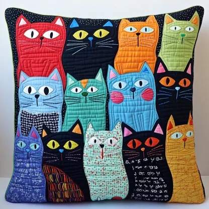 Vibrant Cat Collage Quilted Pillow