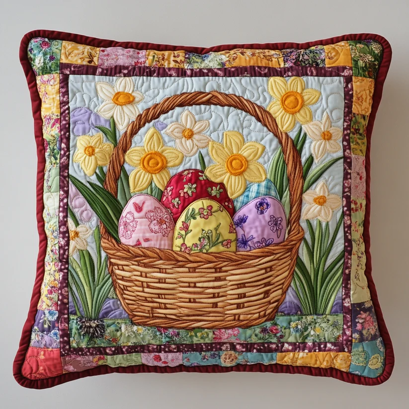 Easter Basket & Daffodil Quilted Pillow