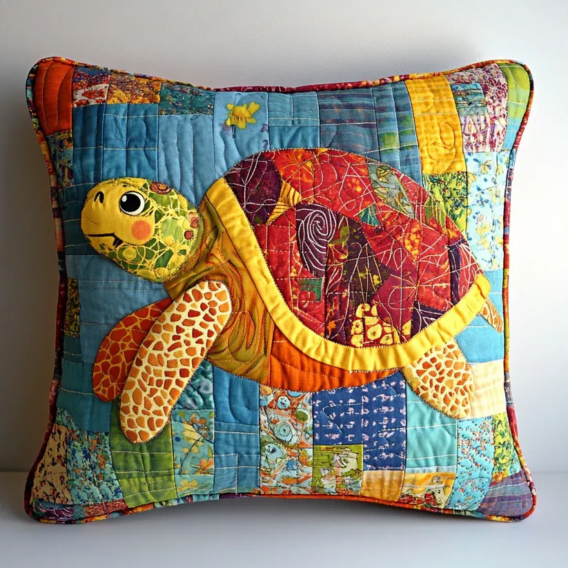 Vibrant Patchwork Turtle Quilted Pillow