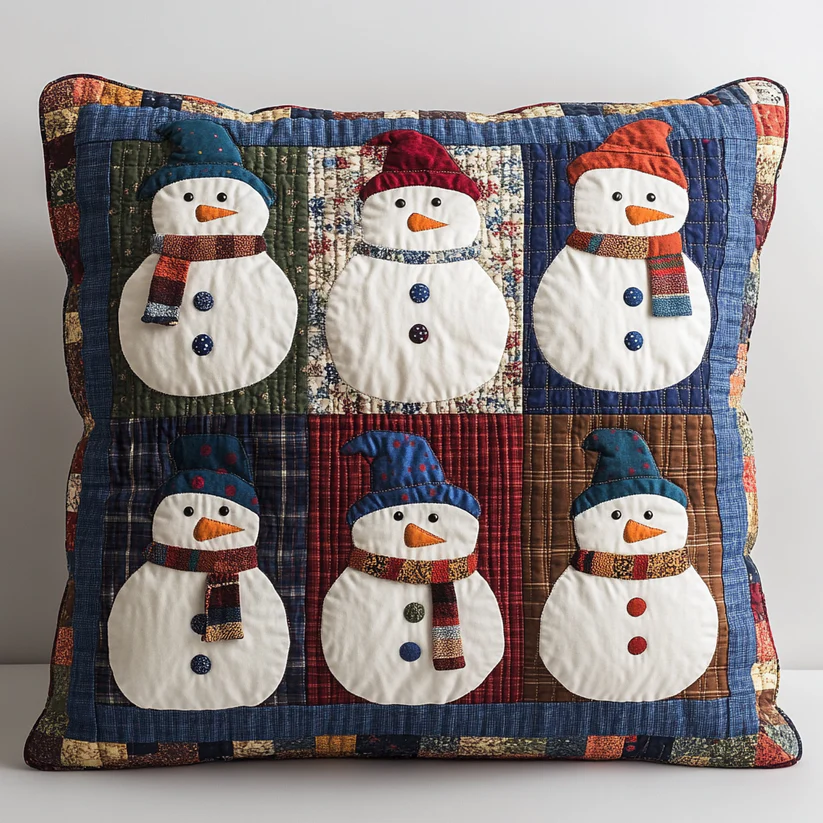 Patchwork Snowman Quilted Pillow