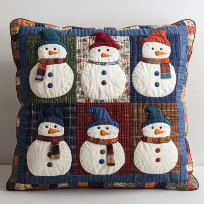 Patchwork Snowman Quilted Pillow