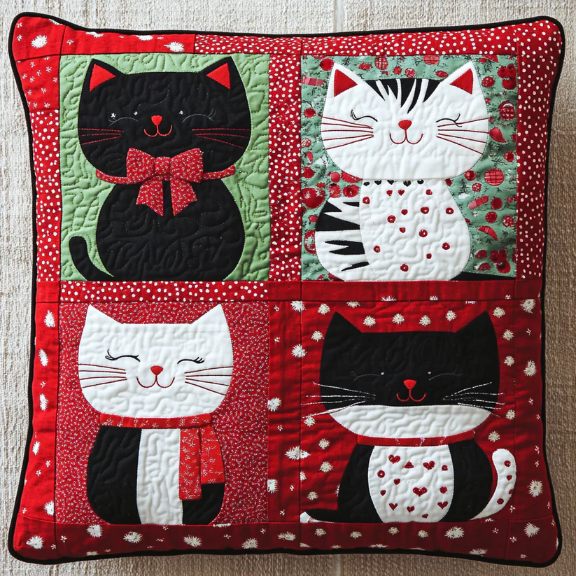 Christmas Kitty Quilted Pillow