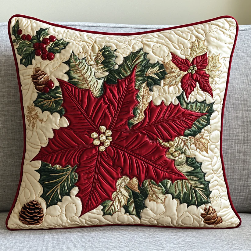 Luxury Poinsettia Christmas Quilted Pillow