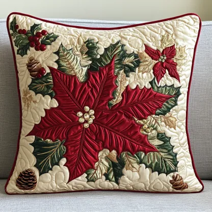 Luxury Poinsettia Christmas Quilted Pillow