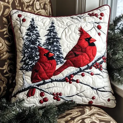 Winter Cardinal Pair Quilted Pillow