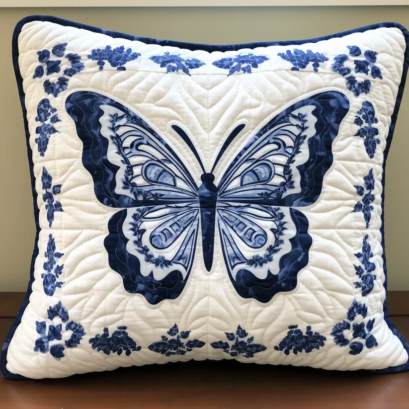 Delft Butterfly Quilted Pillow