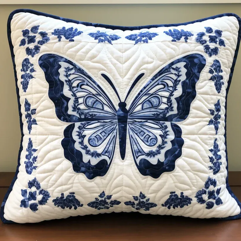 Delft Butterfly Quilted Pillow