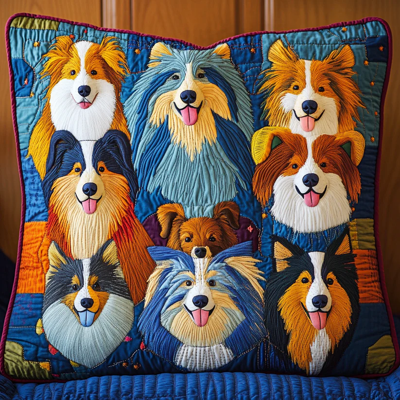 Sheltie Cluster Quilted Pillow