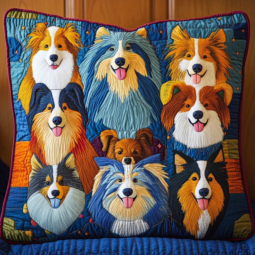 Sheltie Cluster Quilted Pillow