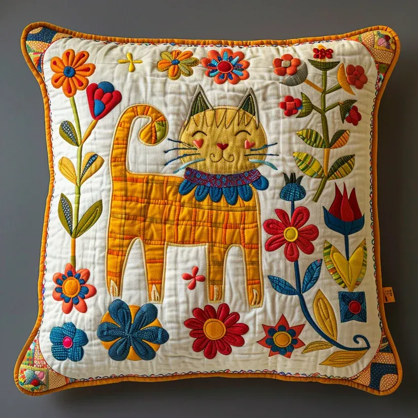 Floral Kitty Quilted Pillow