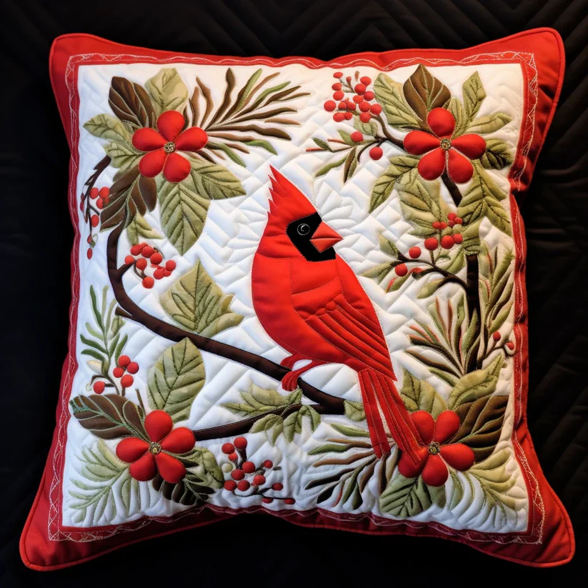 Cardinal & Berry Quilted Pillow