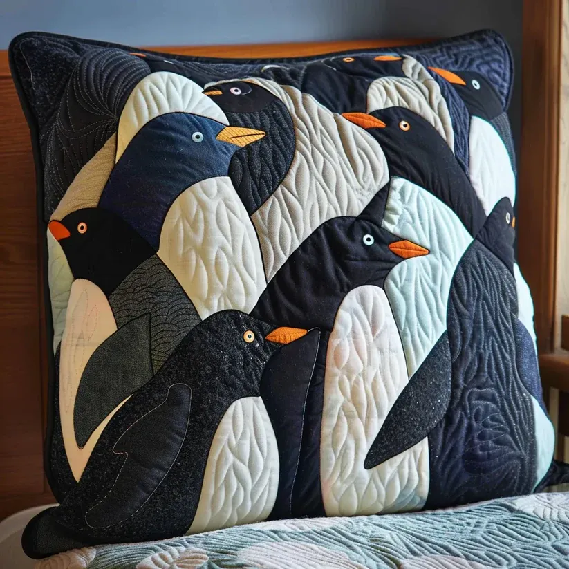 Penguin Flock Quilted Pillow
