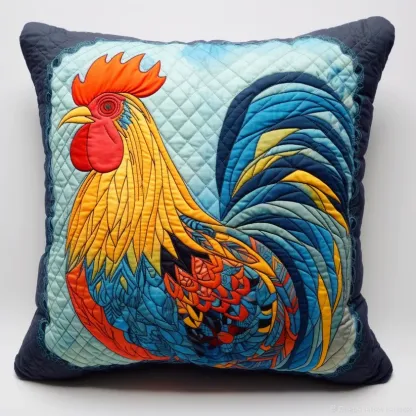 Vibrant Rooster Quilted Pillow