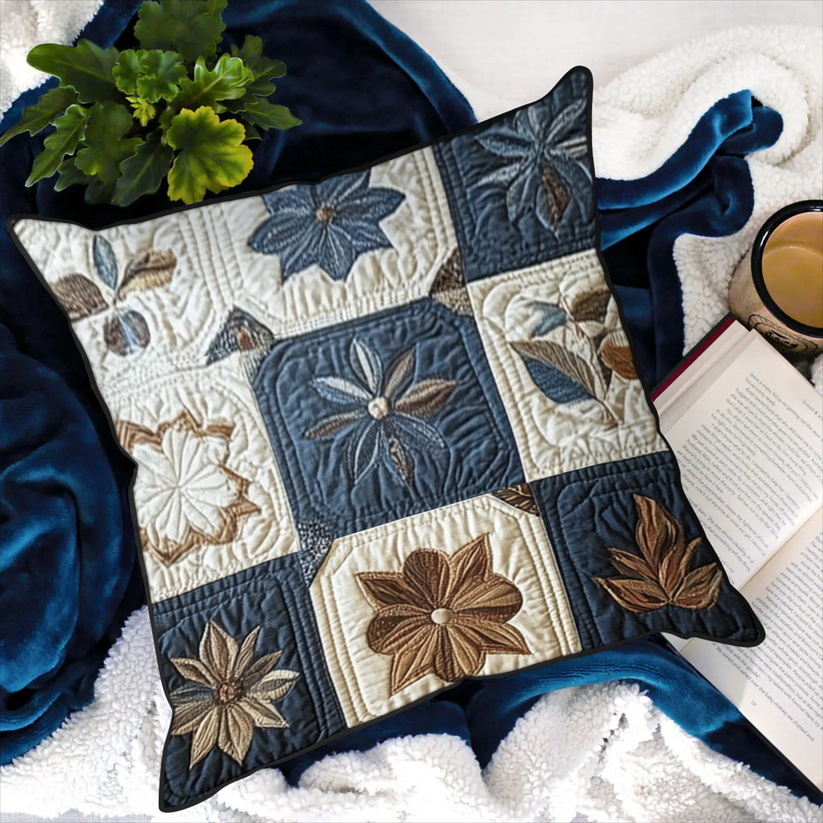 Navy & Neutral Floral Patchwork Quilted Pillow