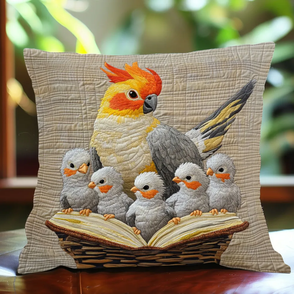 Cockatiel Family Storytime Quilted Pillow