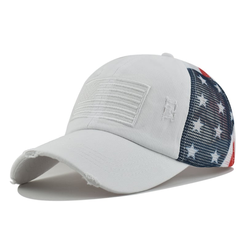 🧢 Red-White-Blue Criss-Cross Elastic Band Cotton Brushed Embroidery Baseball Cap