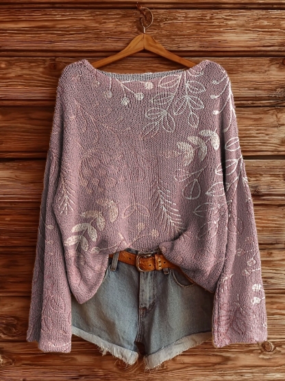 Women's Retro Flowers Print Casual Pullover Sweater