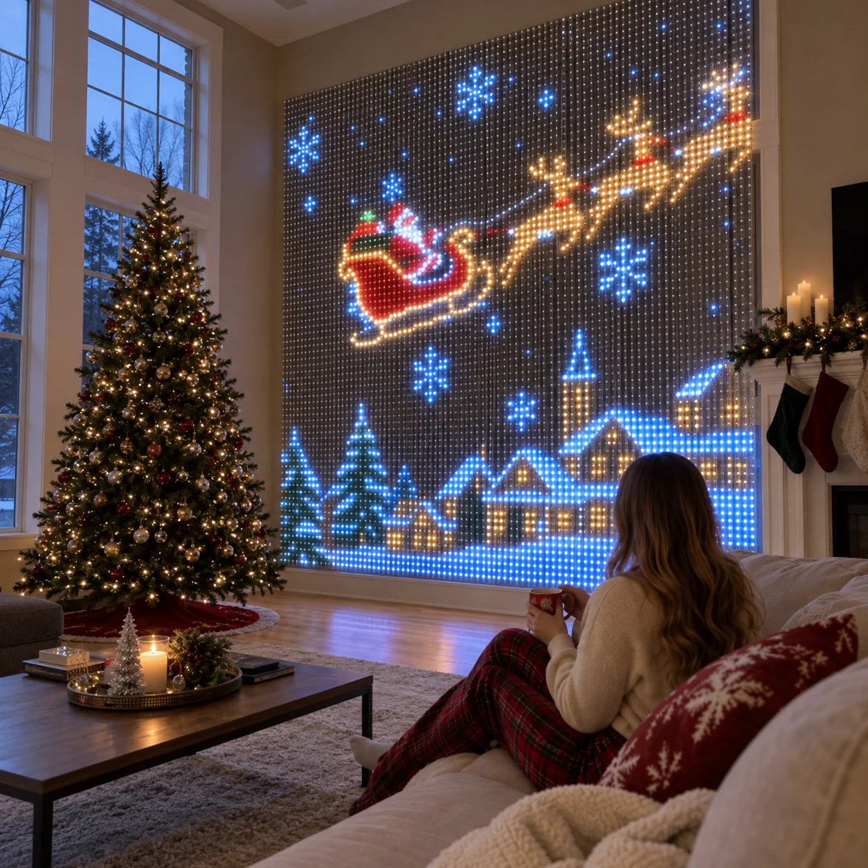 Animated demonstration of hanging and displaying the LED light curtain