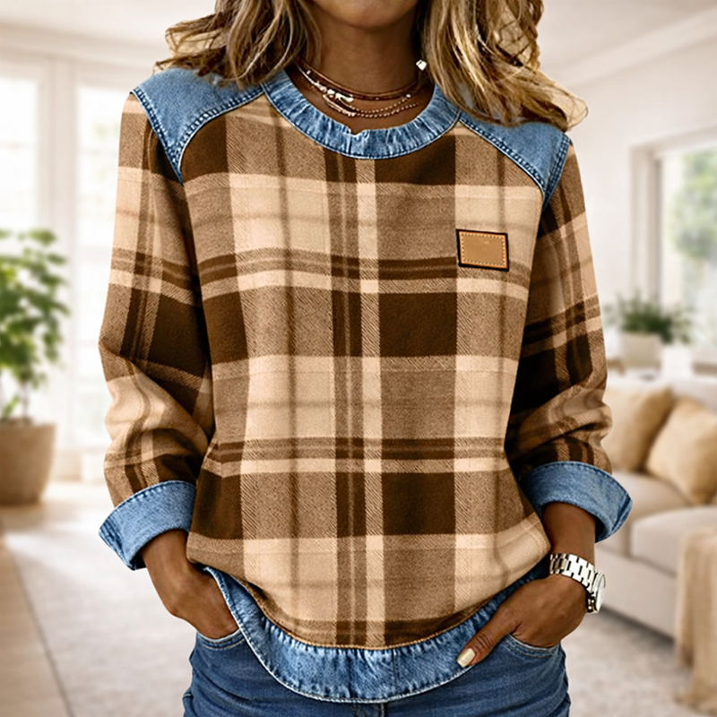 🔥Women's Casual Round Neck Denim Patchwork Pullover Sweatshirt