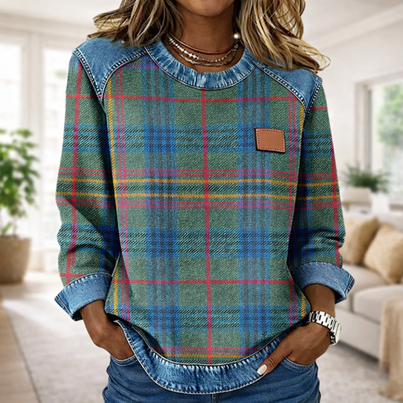 🔥Women's Casual Round Neck Denim Patchwork Pullover Sweatshirt