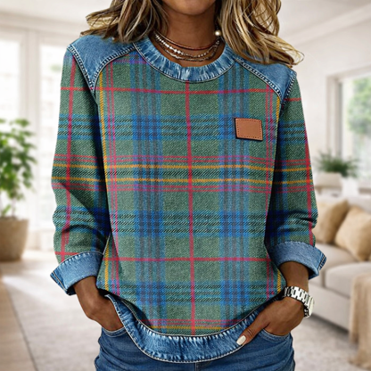 🔥Women's Casual Round Neck Denim Patchwork Pullover Sweatshirt