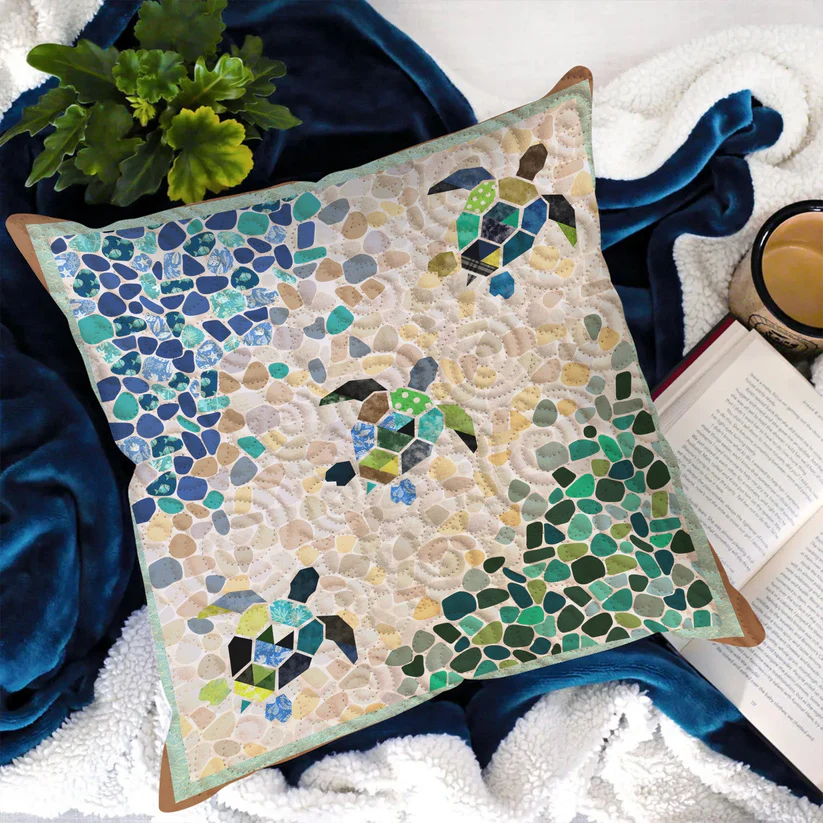 Mosaic Sea Turtle Quilted Pillow