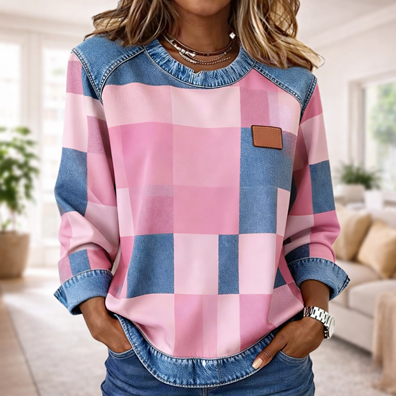 🔥Women's Casual Round Neck Denim Patchwork Pullover Sweatshirt