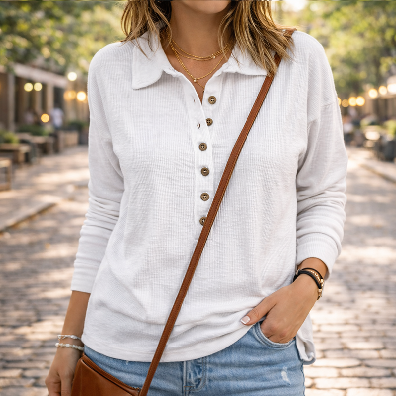Women’s Waffle Knit Long Sleeve Henley Top – Casual Button-Up Collared Pullover Shirt