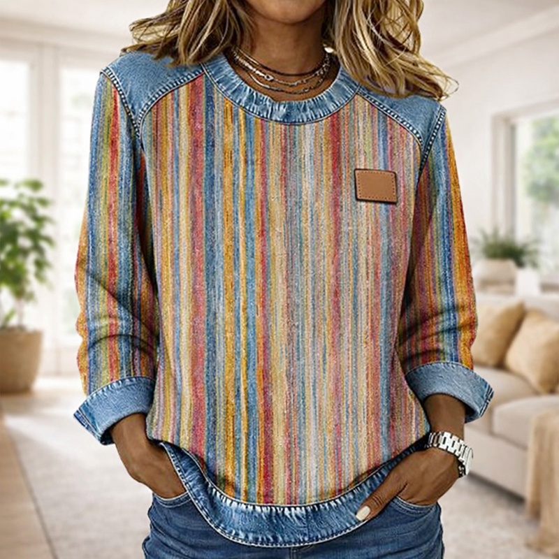 🔥Women's Casual Round Neck Denim Patchwork Pullover Sweatshirt