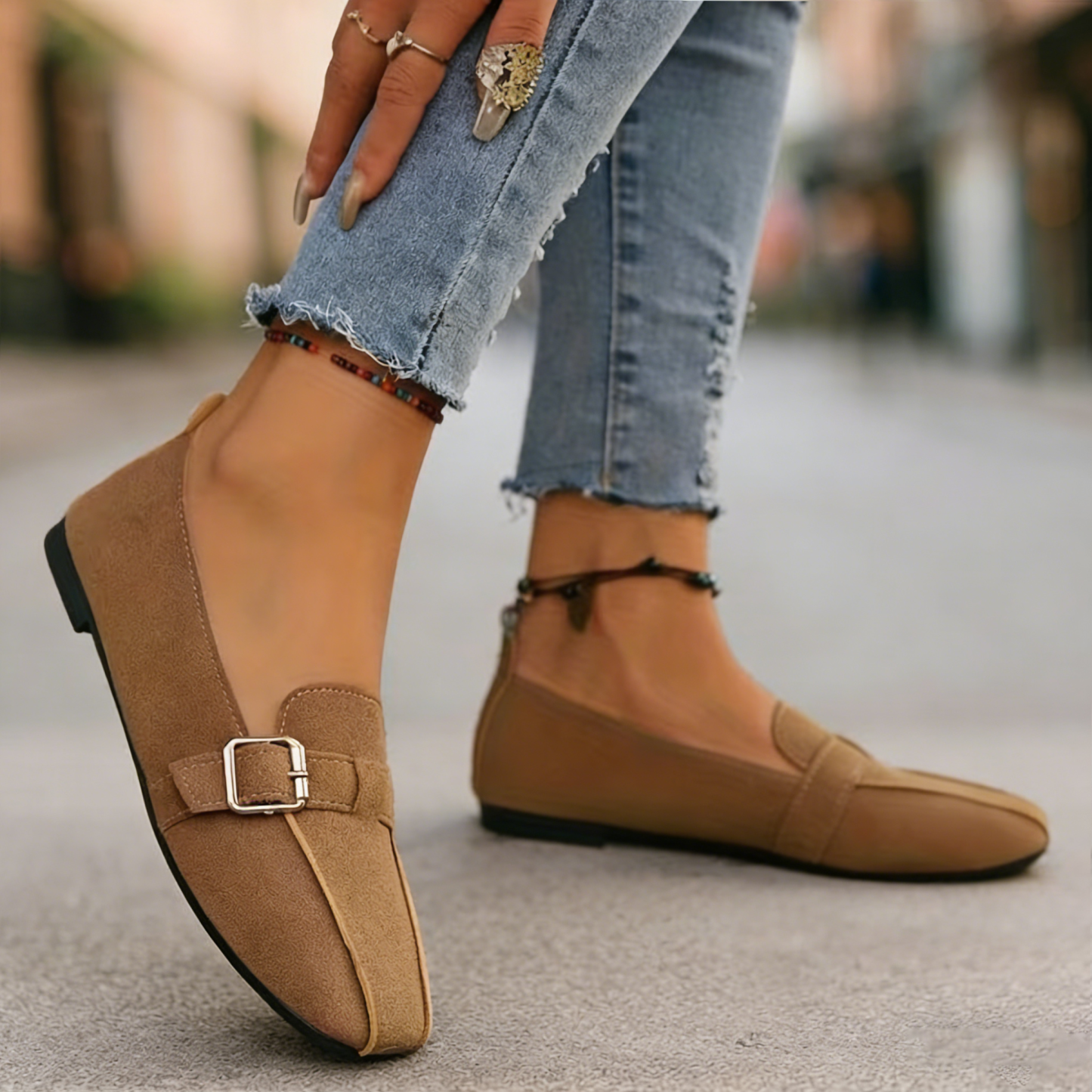 Women’s Vintage Buckle Strap Loafers – Comfortable Low Heel Casual Shoes