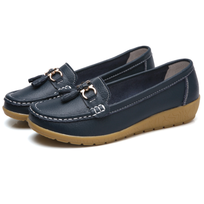 🔥Hot Sale🔥 Round-Toe Calfskin Flats, Breathable Orthopedic Slip-On Walking Shoes