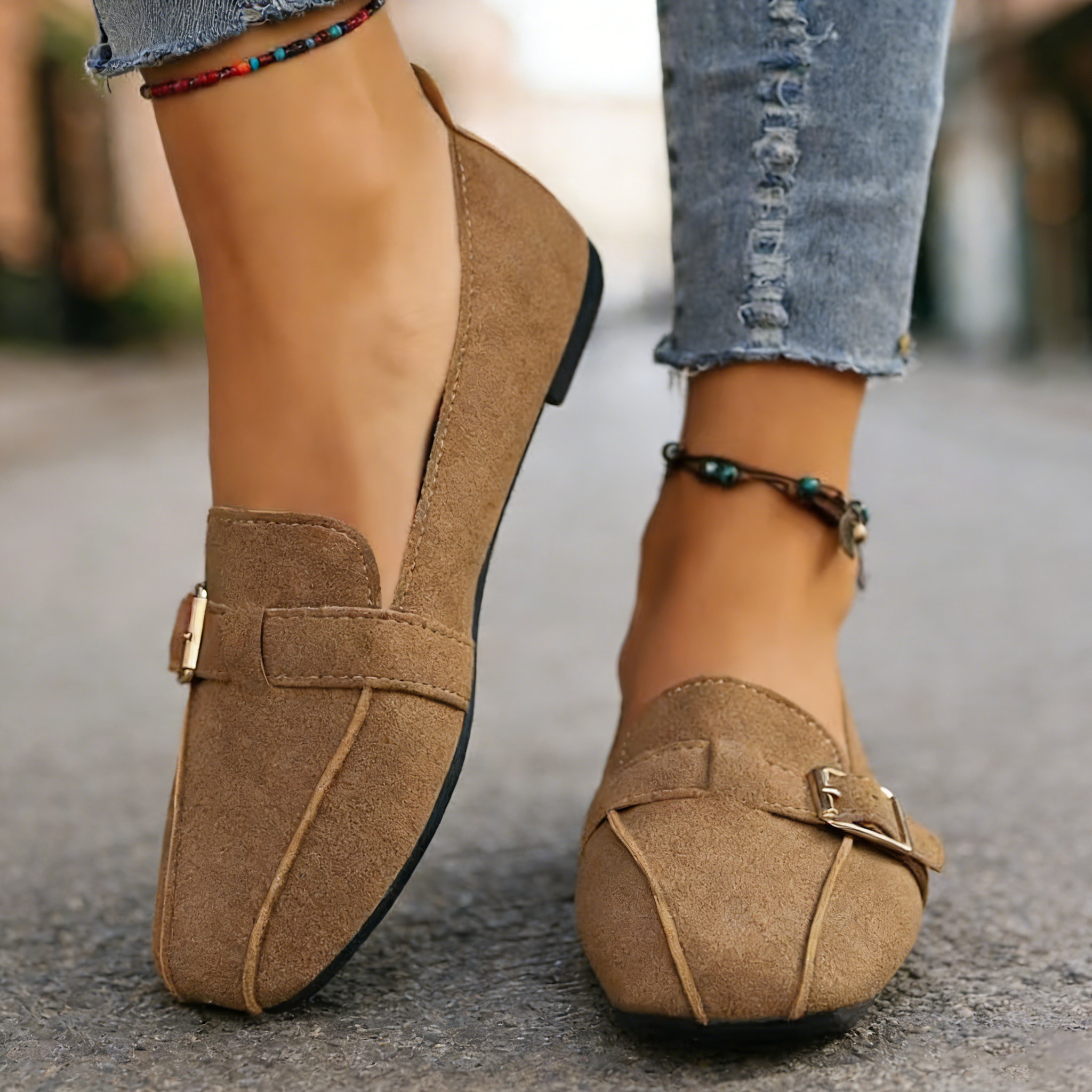 Women’s Vintage Buckle Strap Loafers – Comfortable Low Heel Casual Shoes