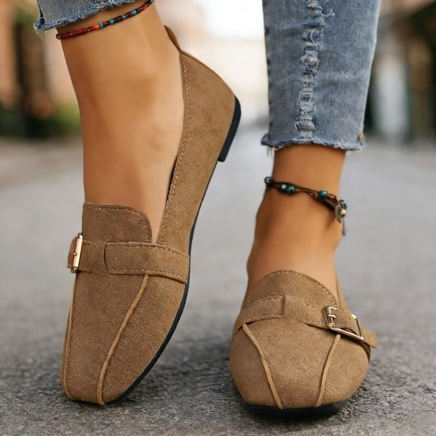 Women’s Vintage Buckle Strap Loafers – Comfortable Low Heel Casual Shoes