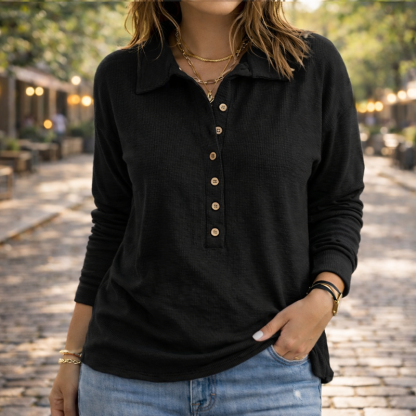 Women’s Waffle Knit Long Sleeve Henley Top – Casual Button-Up Collared Pullover Shirt