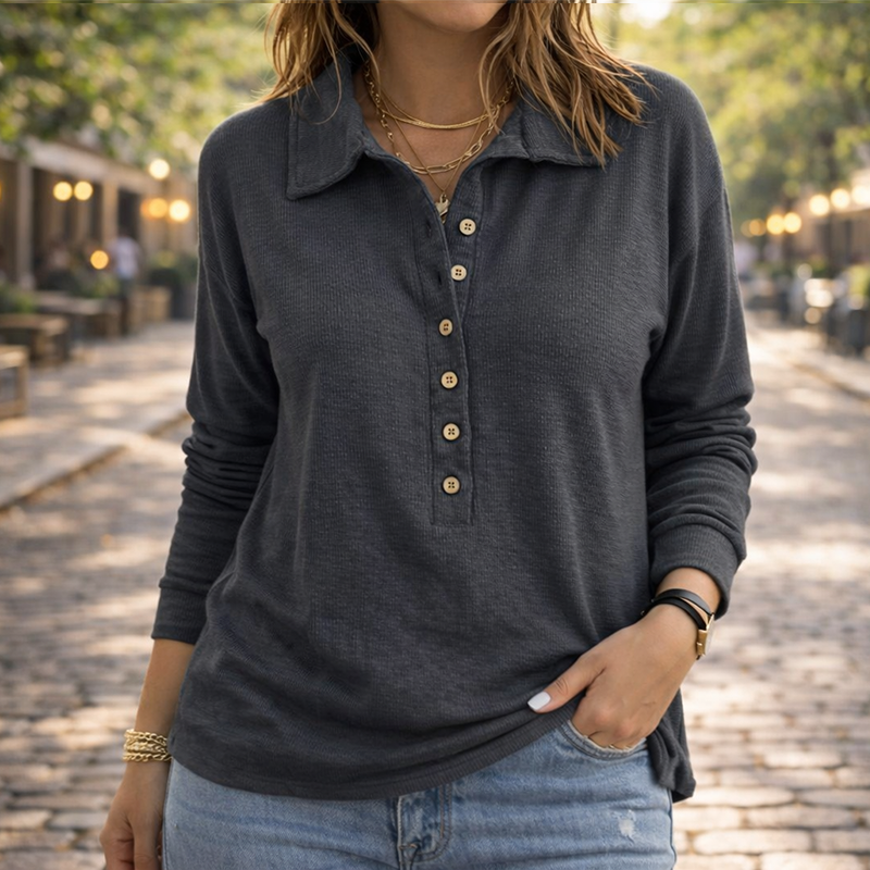 Women’s Waffle Knit Long Sleeve Henley Top – Casual Button-Up Collared Pullover Shirt