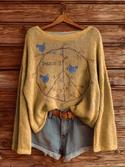 Women's Vintage Peace Love Birds Print Casual Pullover Sweater