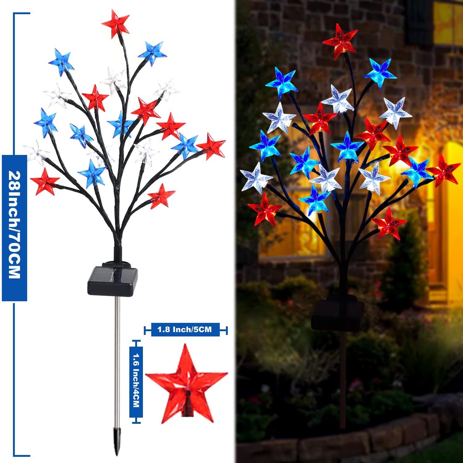 Solar 4th of July Decorations Red White and Blue Star Outdoor Lights (2 Pack)
