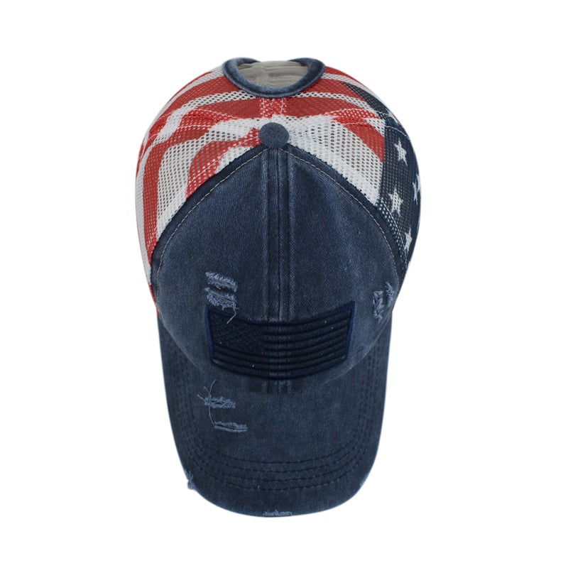 🧢 Red-White-Blue Criss-Cross Elastic Band Cotton Brushed Embroidery Baseball Cap